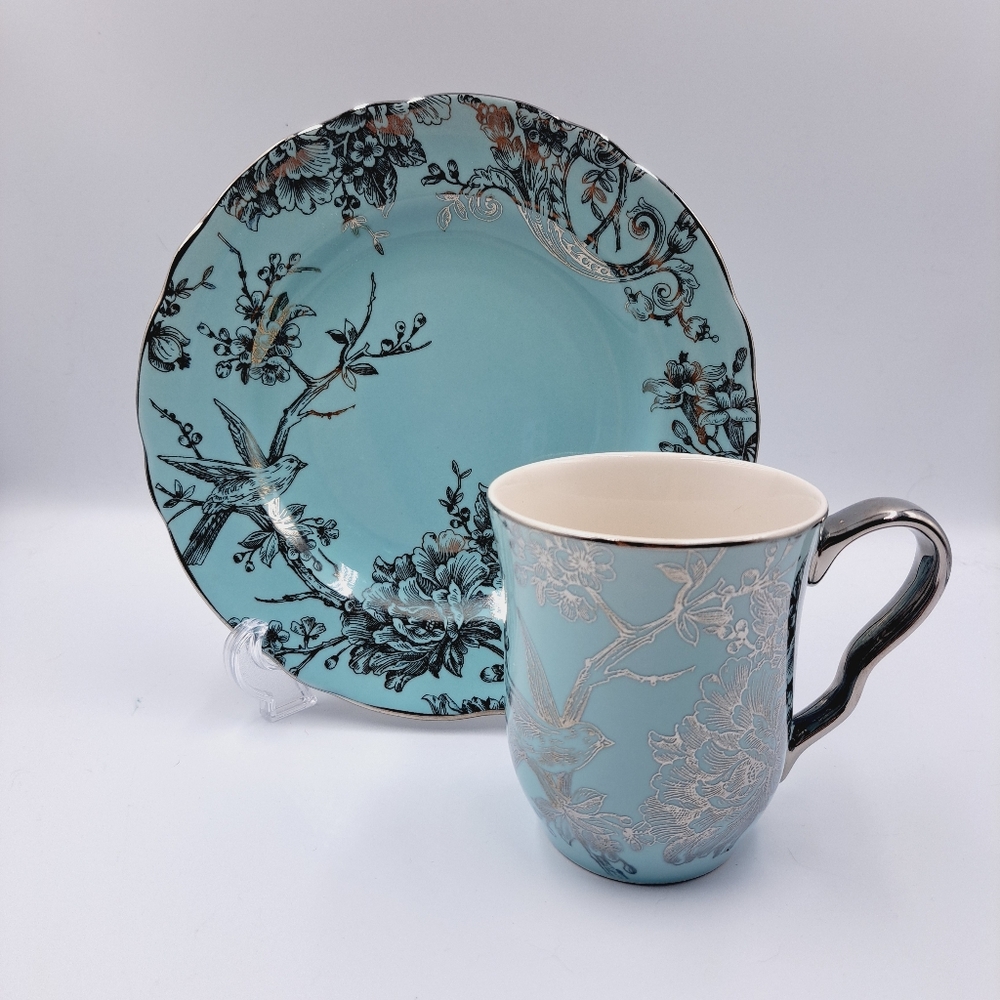 222 Fifth Adelaide Turquoise Silver Bird Floral Quiet Luxury Salad Plate & Mug